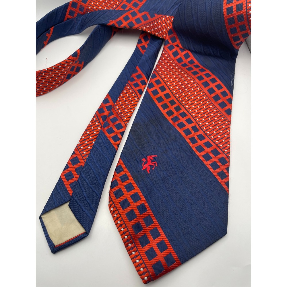 Vintage Bronzini Mens Wide Tie Navy Blue Red Geometric Polka Dot Crest 4 Inch